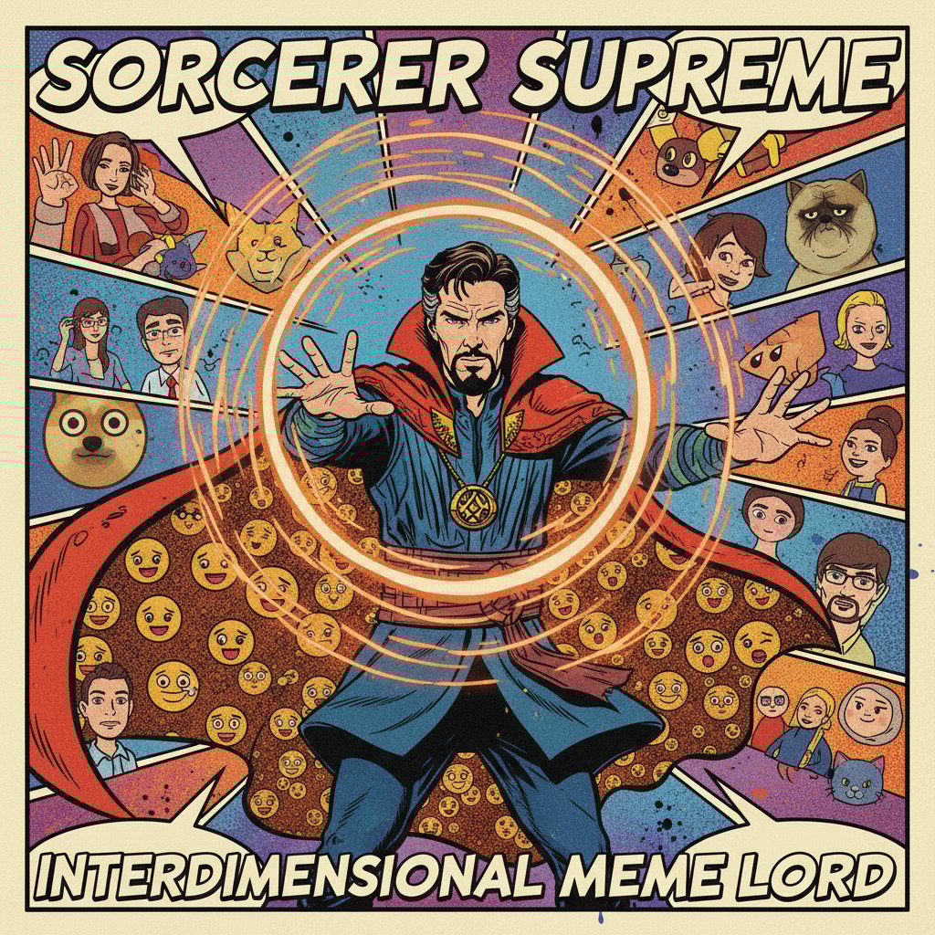Doctor Strange in a humorous pop-art style with exaggerated magical effects, surrounded by meme icons, colorful and playful
