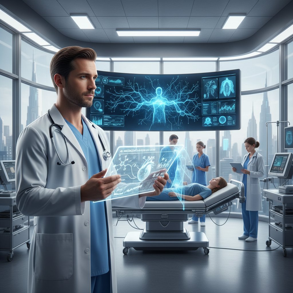 Lekarz korzystający z tableta z aplikacją AI do analizy leków, nowoczesne wnętrze szpitala