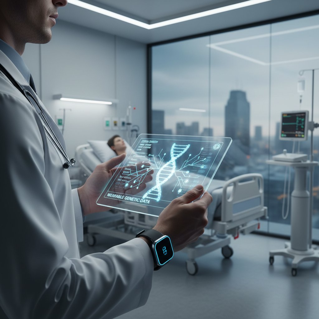 A doctor holding a tablet with EHR, wearable, and genetic data visualized on screen in a modern hospital setting