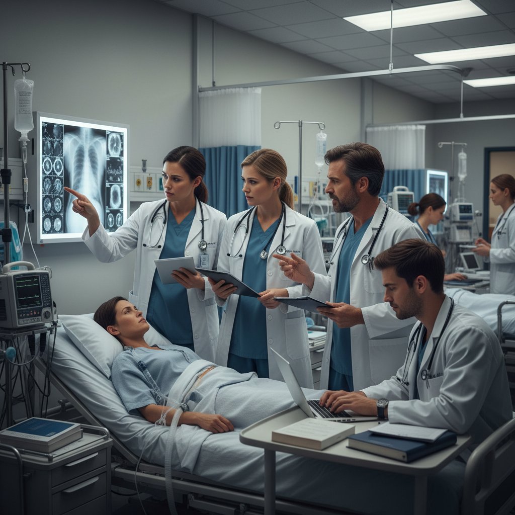 Lekarz debatujący z zespołem nad trudnym przypadkiem podania leku na oddziale szpitalnym