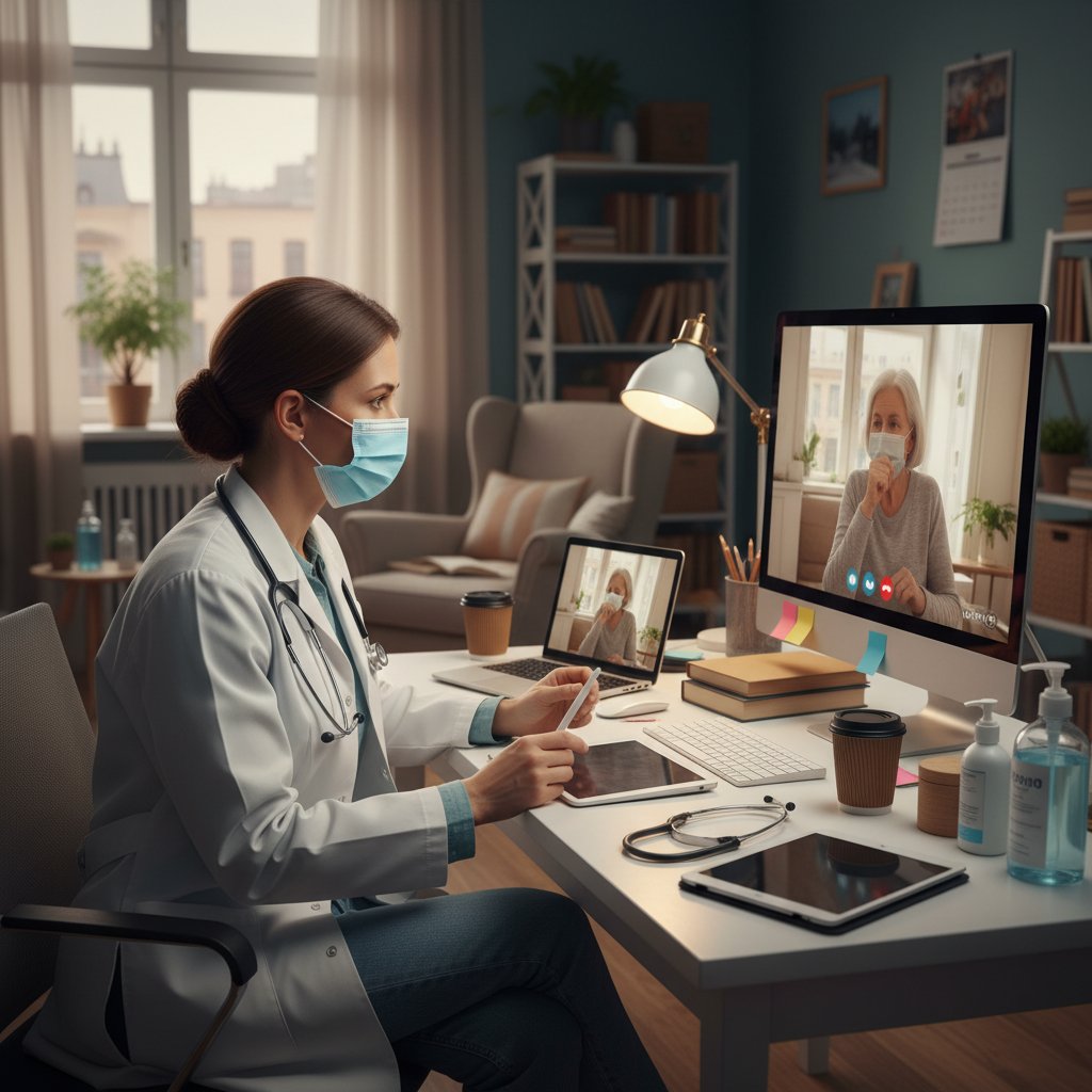 Lekarz podczas wideokonsultacji w domowym zaciszu, widoczne elementy pandemiczne: maseczka, płyn do dezynfekcji