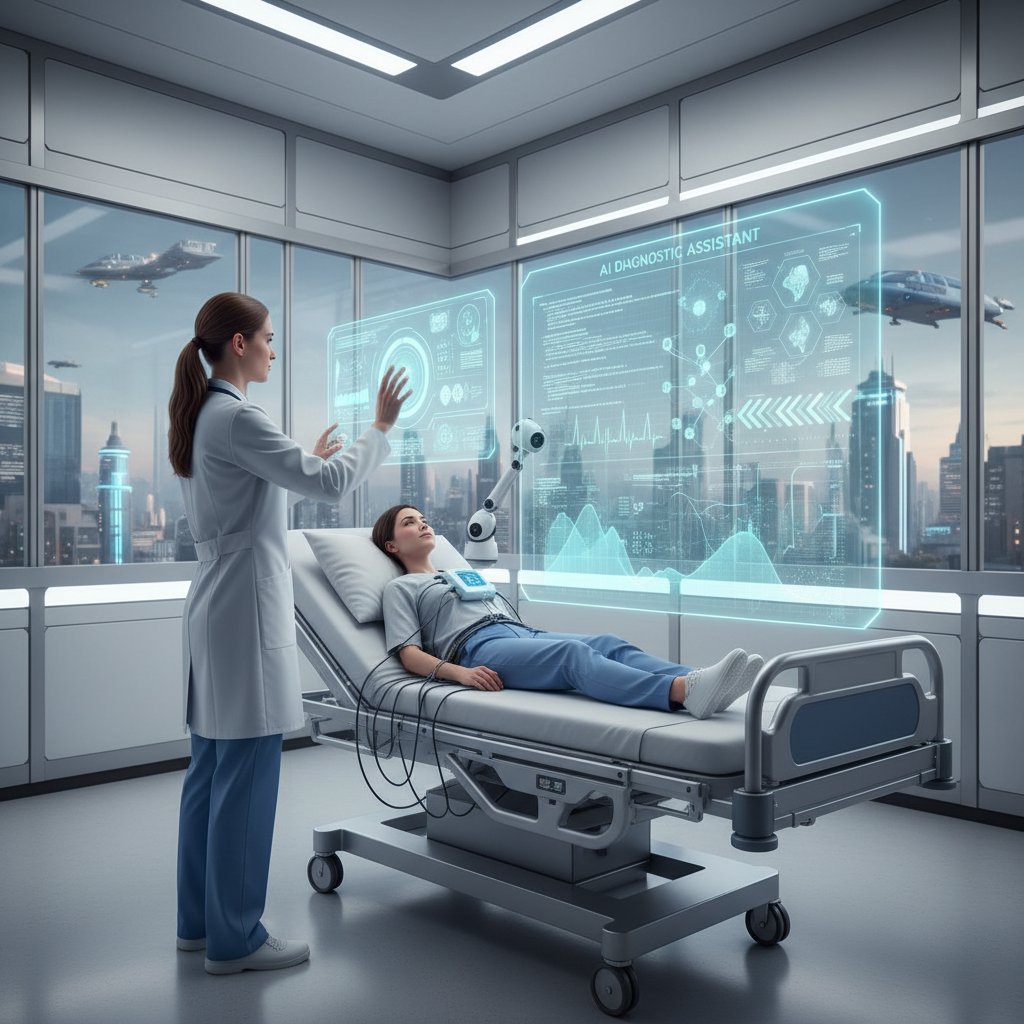 Lekarz korzystający z AI do analizy danych pacjenta, scena z nowoczesnego szpitala