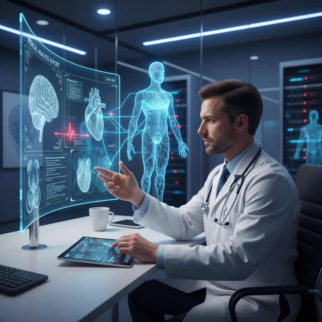 Lekarz korzystający z wirtualnego asystenta AI podczas analizy wyniku PSA