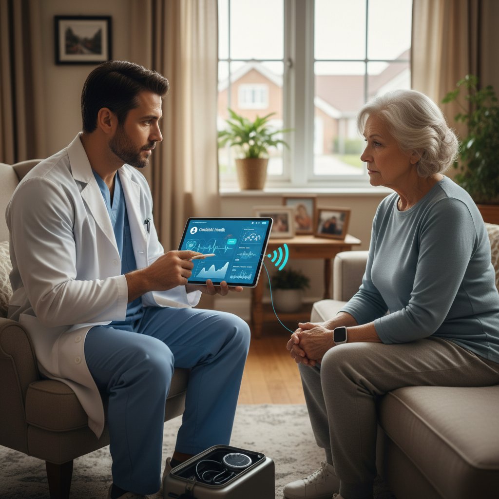 Lekarka korzystająca z aplikacji medycznej AI podczas wizyty domowej u pacjenta