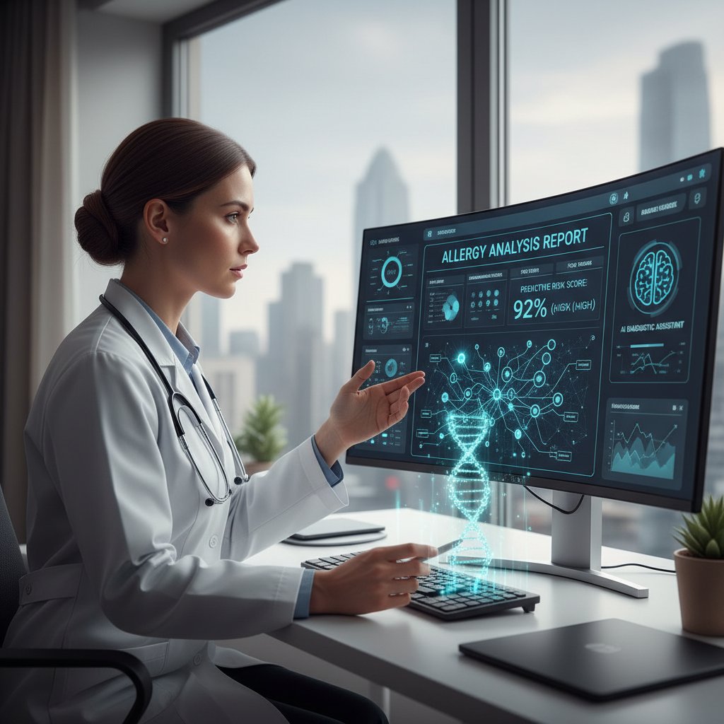 Lekarz korzystający z systemu AI do analizy przypadków alergii na ekranie