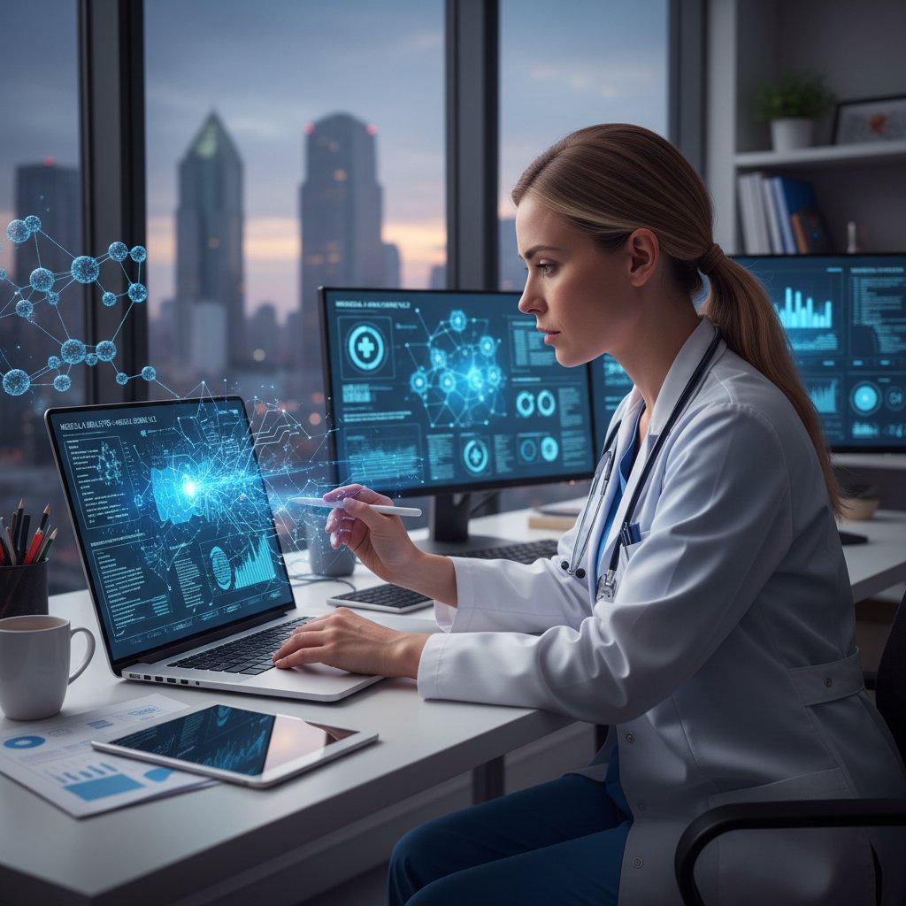 Lekarz korzystający z laptopa, na ekranie widoczne algorytmy i dane pacjenta, cyfrowa analiza