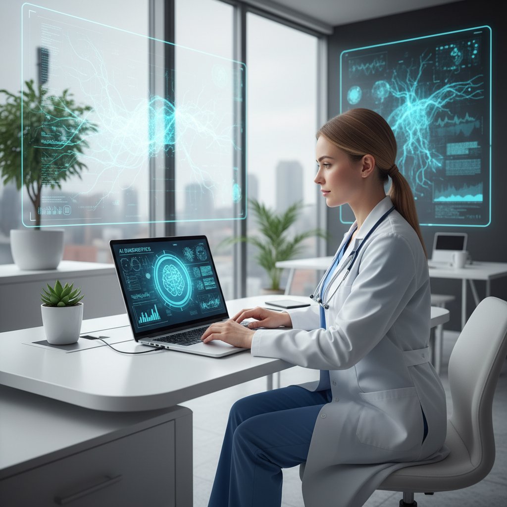 Lekarz korzystający z laptopa analizujący dane medyczne przy użyciu AI w jasnym gabinecie