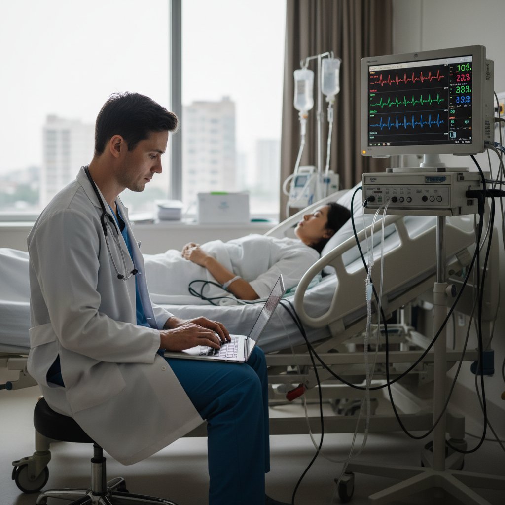 Lekarz korzystający z laptopa przy łóżku pacjenta, widoczny ekran z wykresem parametrów