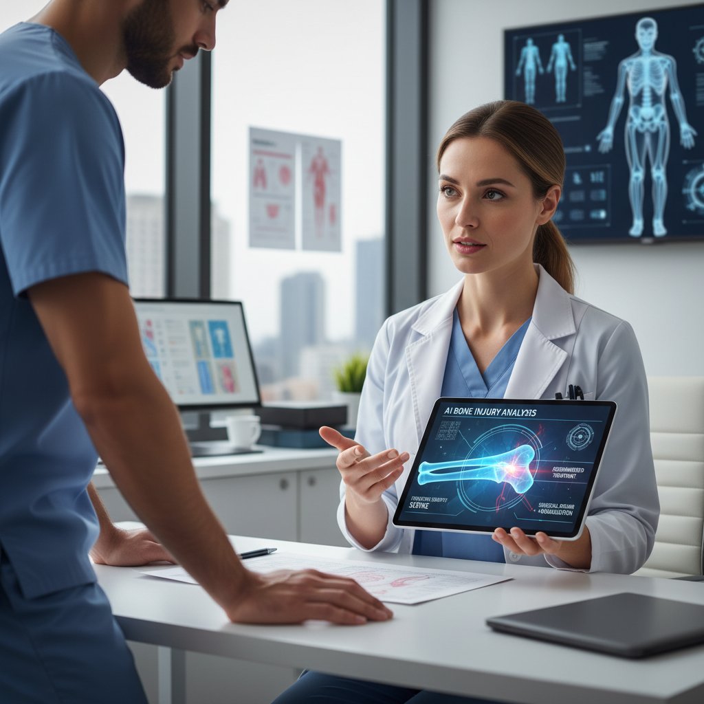 Lekarz korzystający z tabletu z aplikacją AI do analizy urazów kości