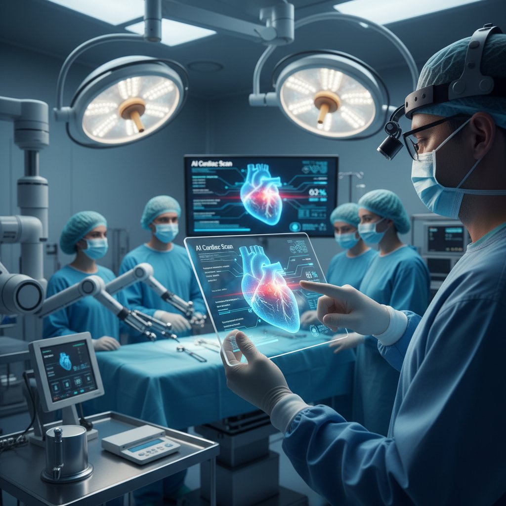 Nowoczesny lekarz używający tabletu z aplikacją AI do analizy rytmu serca w sali zabiegowej