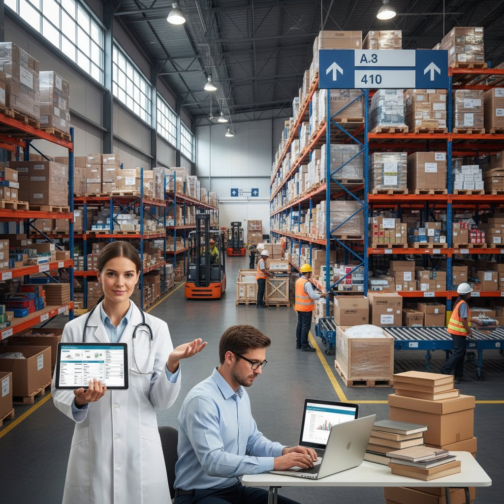 Lekarz korzystający z tabletu do harmonogramowania wizyt, nauczyciel przy laptopie, magazyn w ruchu