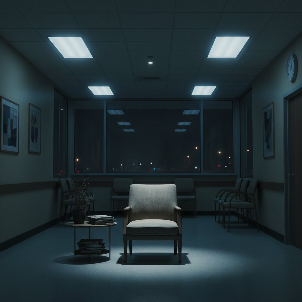 Opuszczona, ciemna poczekalnia lekarska, światło pada tylko na jedno krzesło – konsultacja lekarska, oczekiwanie