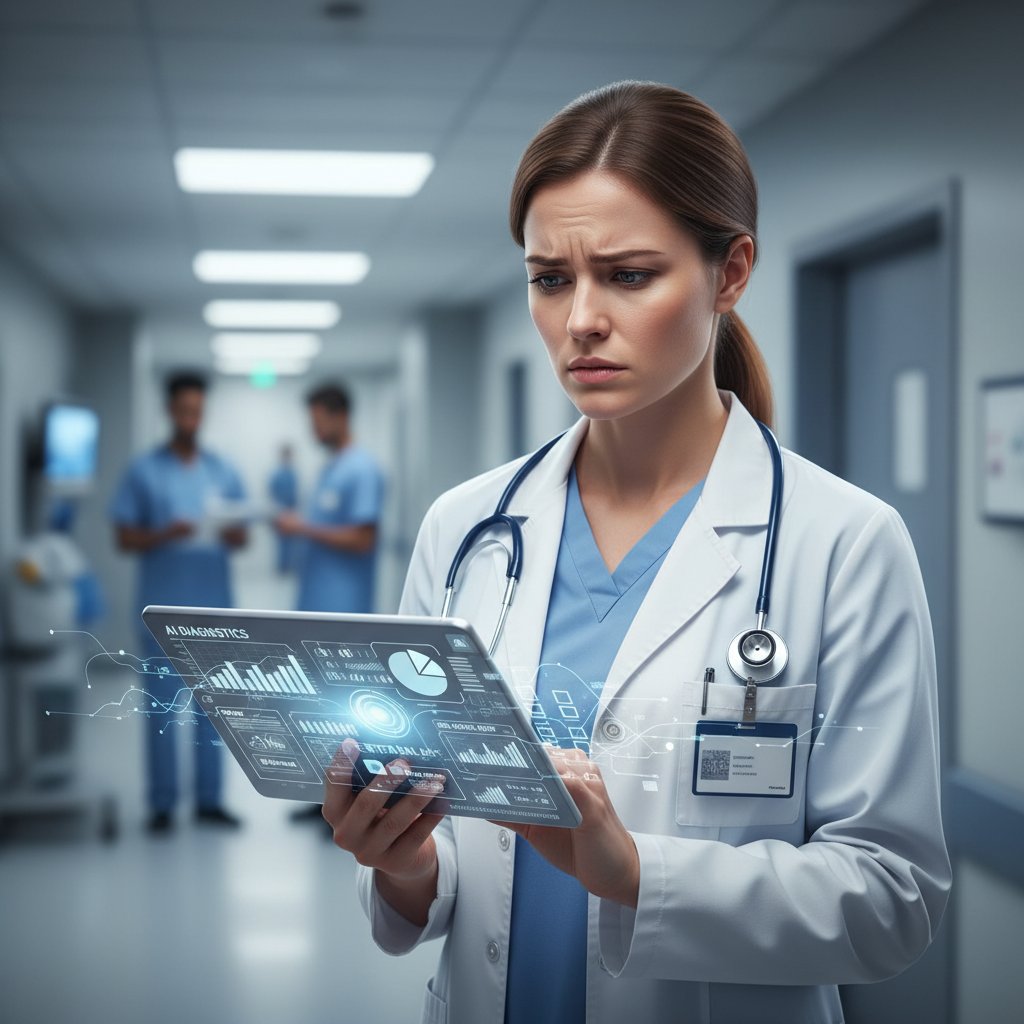 Lekarz z tabletem obok pacjenta, AI analizuje wyniki, stresująca atmosfera szpitala