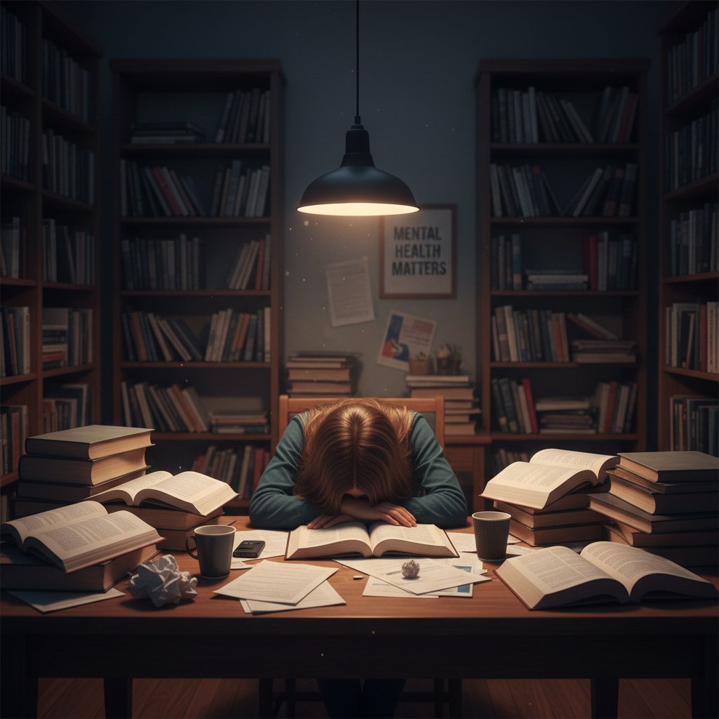 A doctoral student pausing with head in hands amid books and a dark room, symbolizing academic burnout and the need for mental health tools.