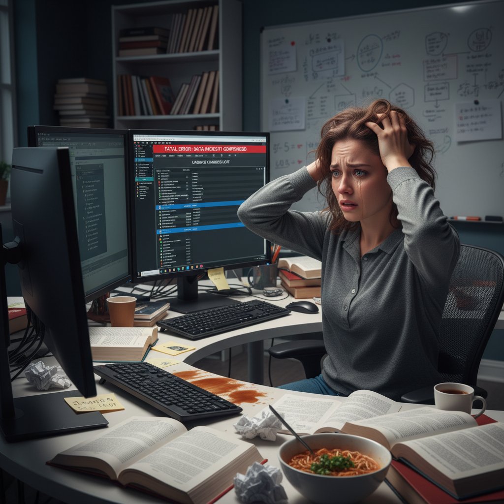 Stressed doctoral student in academic office after data loss, academic data processing software failure