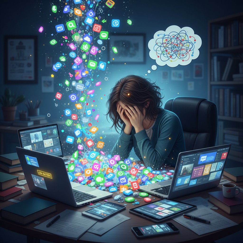 Doctoral student overwhelmed by too many productivity tools, drowning in colorful app icons