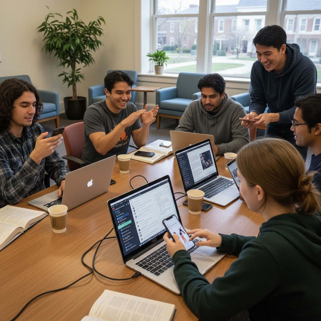 Diverse group of doctoral students interacting via laptops and smartphones, with Discord and TikTok logos subtly in the background, symbolizing unconventional academic networking.
