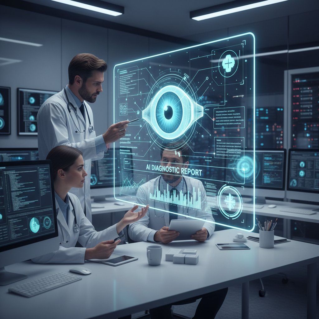 Zdjęcie: zespół lekarzy analizuje obrazy oka na ekranie komputera, AI w użyciu