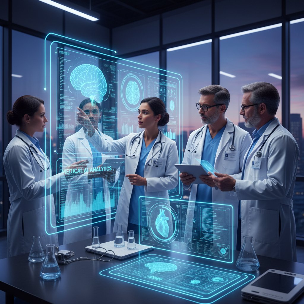 Zespół lekarzy konsultujących się z AI podczas analizy wyników badań