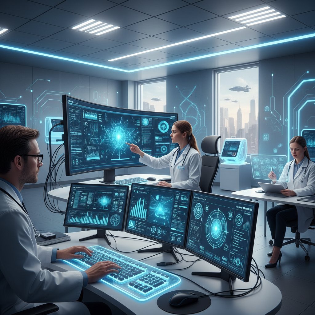 Zespół lekarzy analizujących dane na ekranach komputerów, nowoczesna technologia medyczna, światło kliniczne – ilustracja AI w psychiatrii