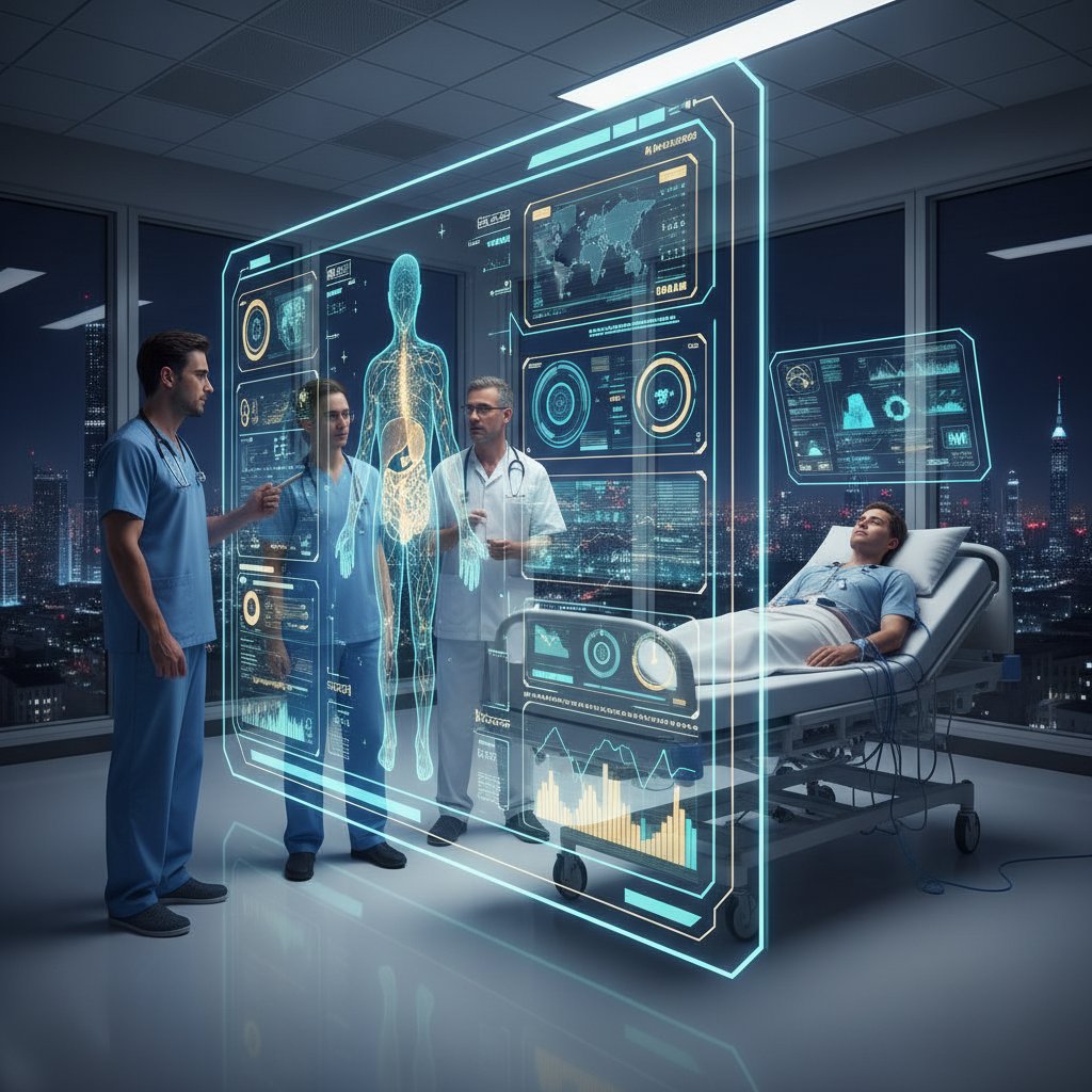 Zespół lekarzy analizujący dashboard predykcyjny przy łóżku pacjenta