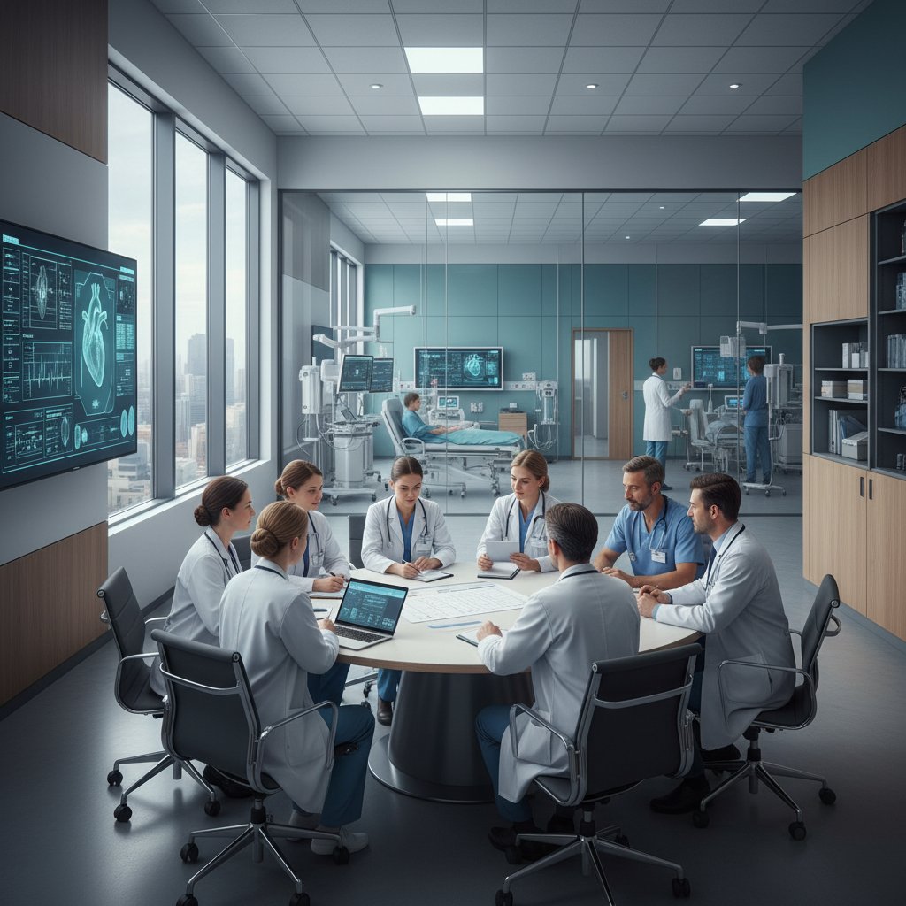 Lekarze podczas narady na oddziale kardiologii, symbol współpracy i nowoczesności