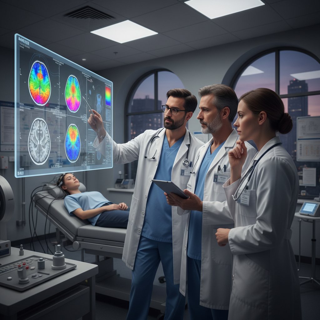 Lekarze analizujący wyniki MEG na komputerze, pacjent w tle