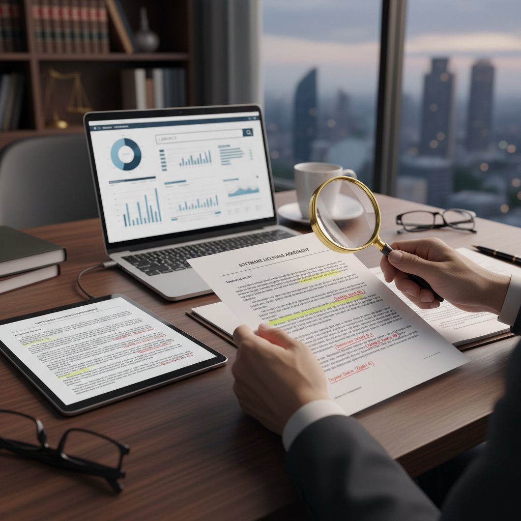 Pracownik analizujący umowę przy komputerze, skupienie i detale dokumentu