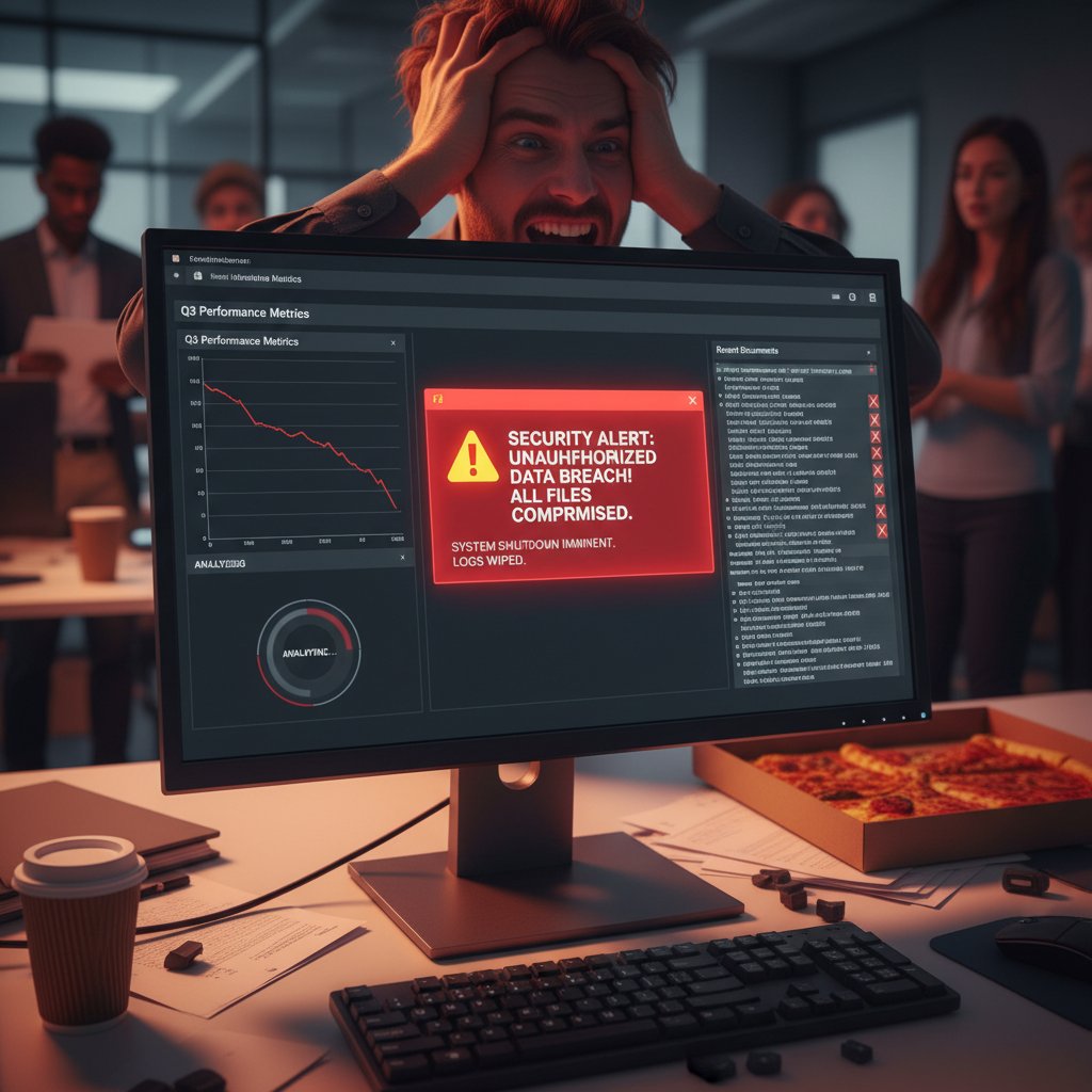 A somber office scene with frustrated workers and warning symbols on screens, illustrating document analytics failure and security risks