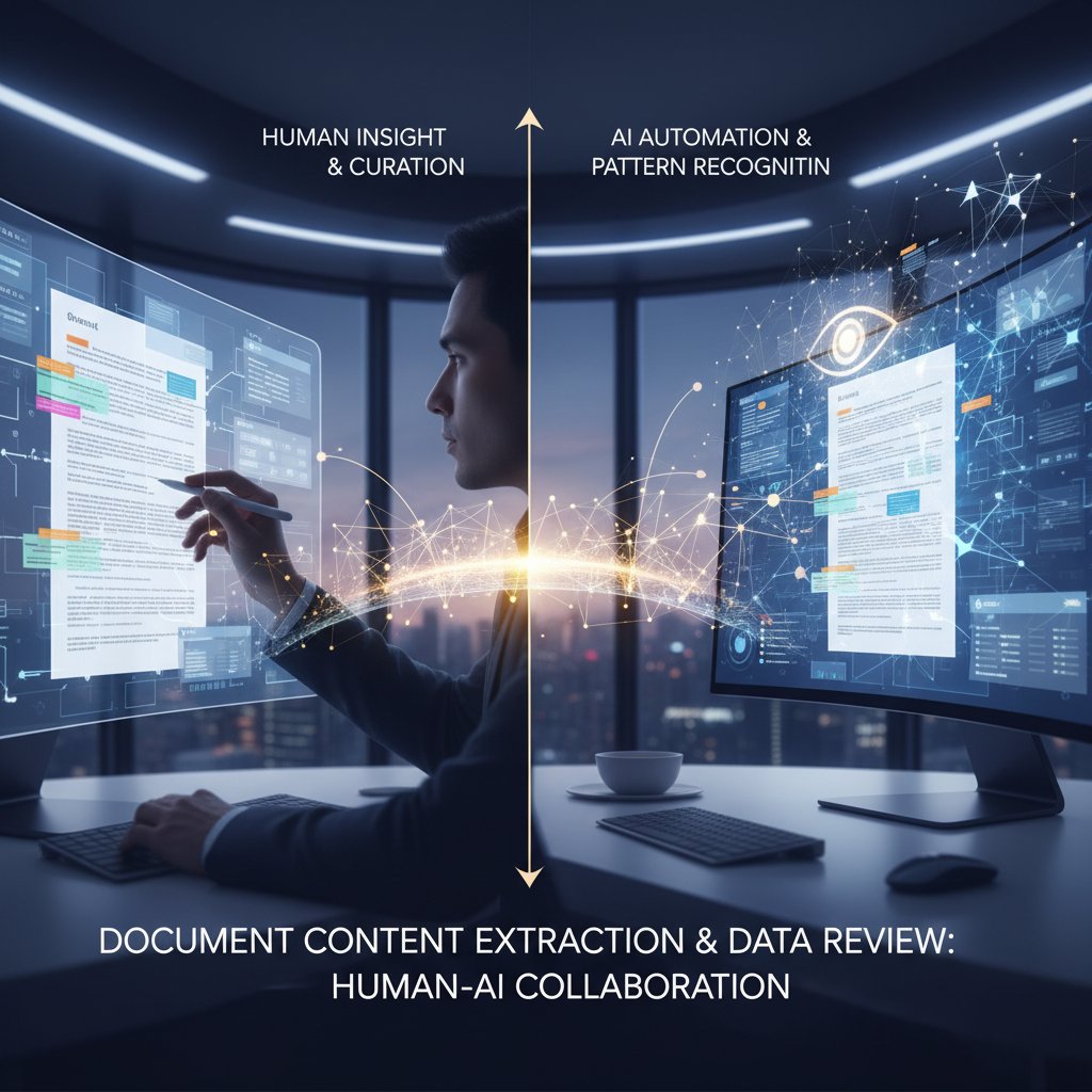 A professional reviewing extracted data highlighted on a computer screen, collaborating with an AI assistant for document content extraction