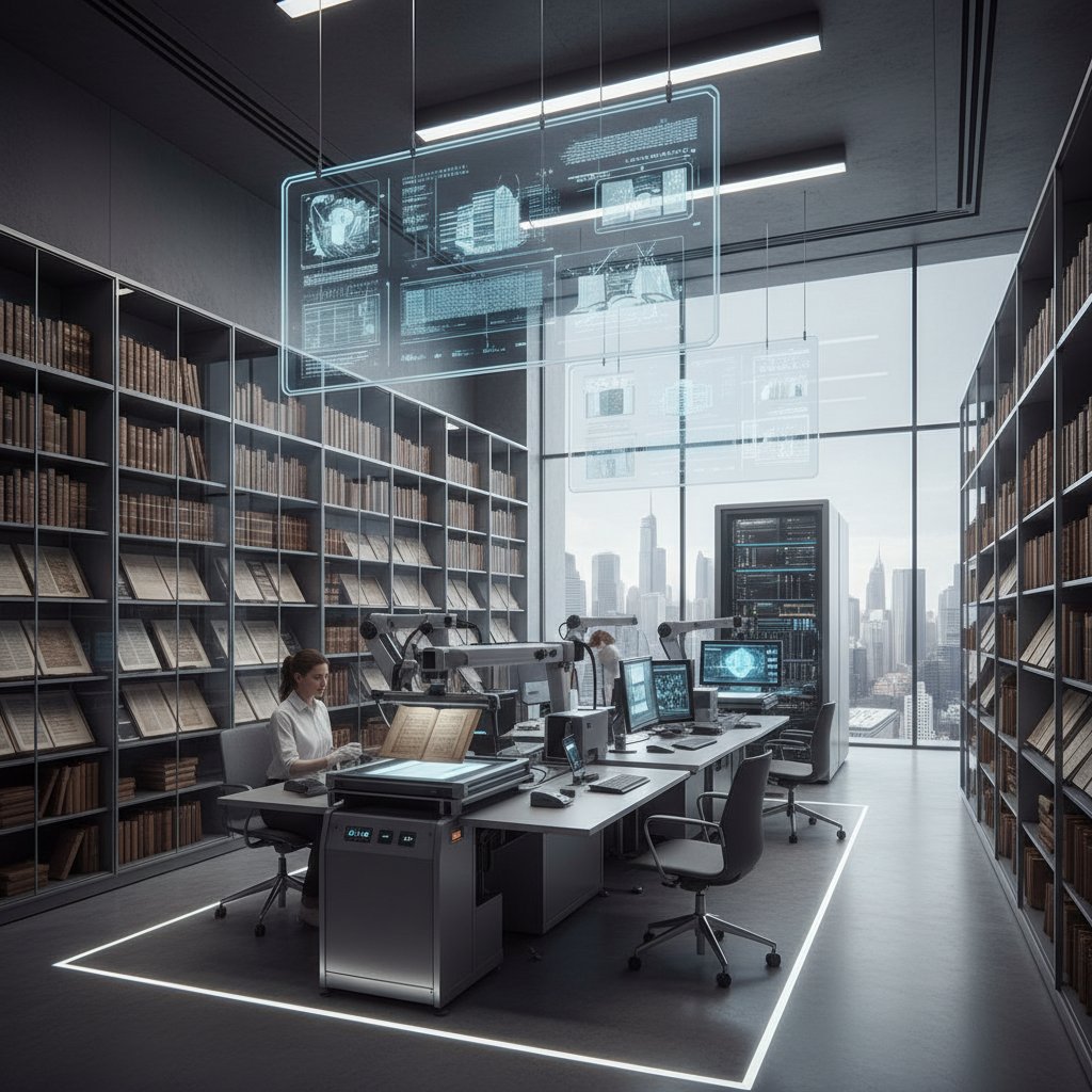 Osoba digitalizująca stare dokumenty w nowoczesnej bibliotece – digitalizacja historii lokalnej, archiwa cyfrowe