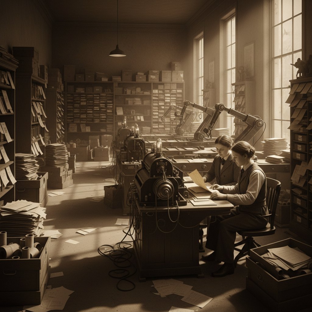 Overflowing paper archives in a historical office, illustrating the need for document digitization technologies
