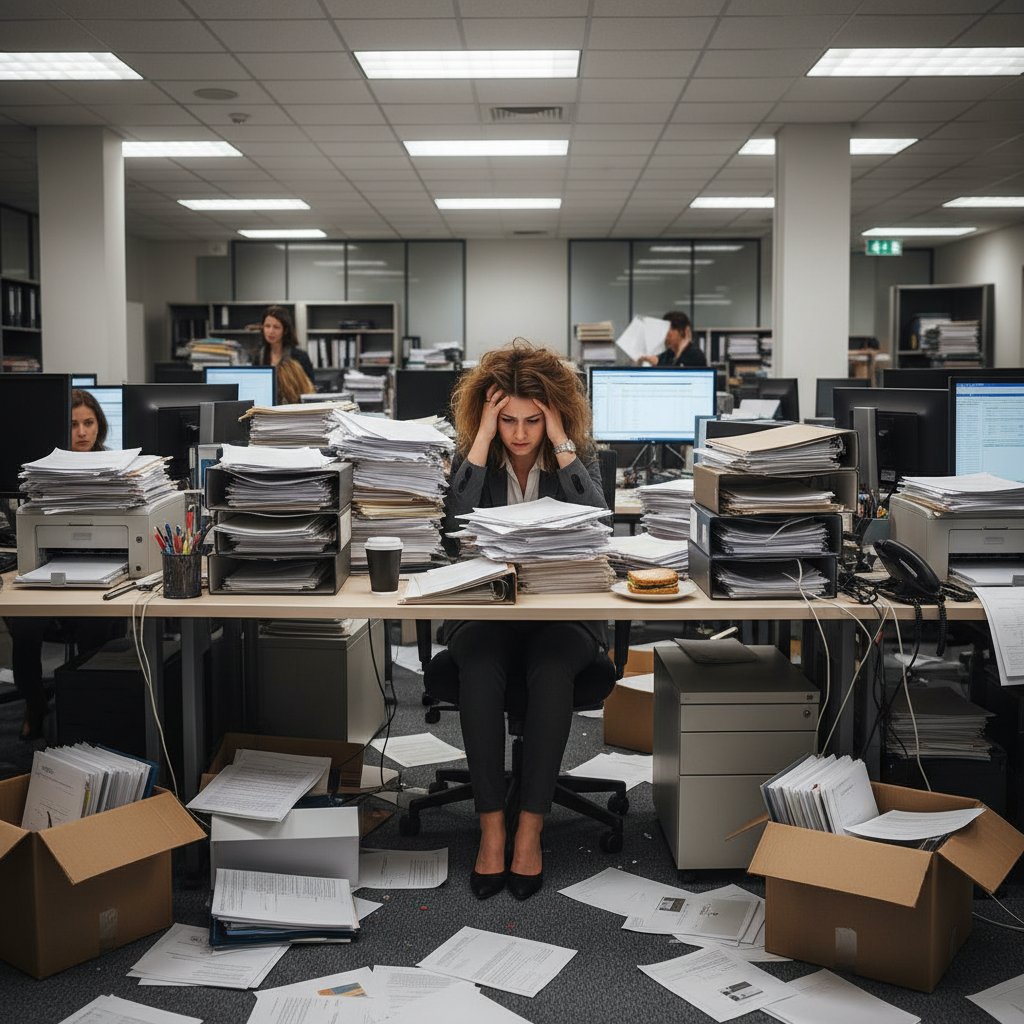 Frustrated office worker surrounded by paper piles representing document chaos and inefficiency