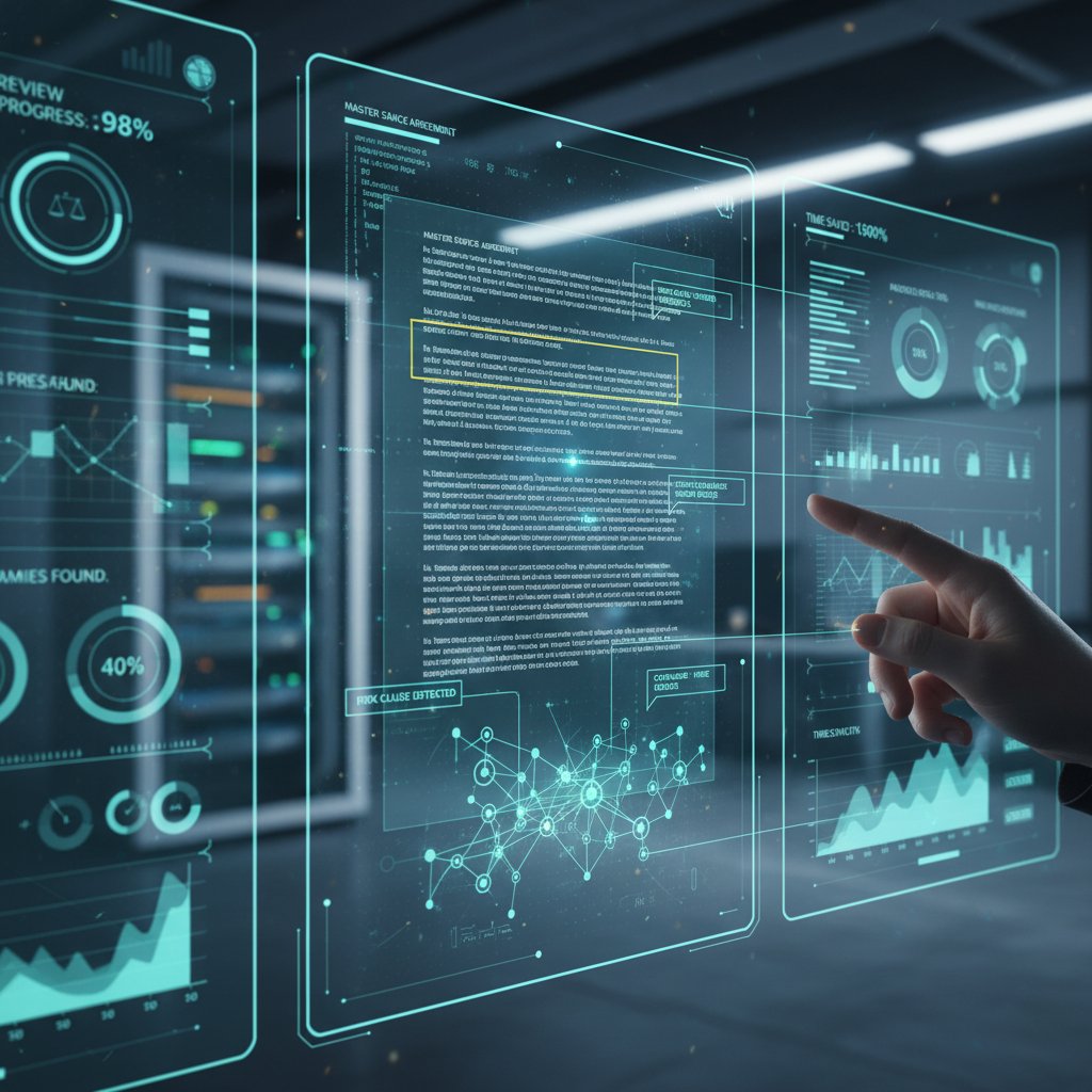 An AI system analyzing a complex contract text on a laptop, focus on highlighted ambiguous clauses