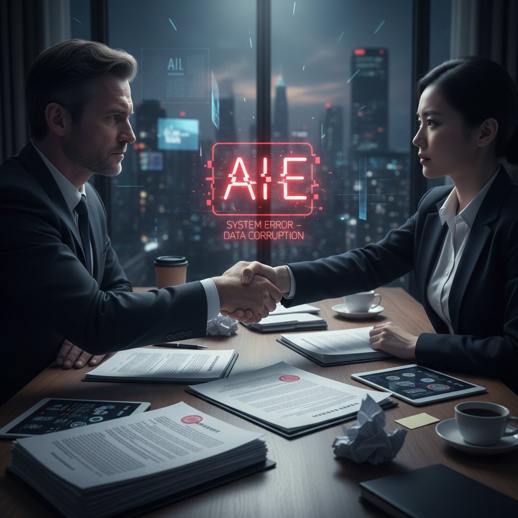 Close-up, tense handshake over a stack of contracts, with AI data overlays showing summary errors and legal risks