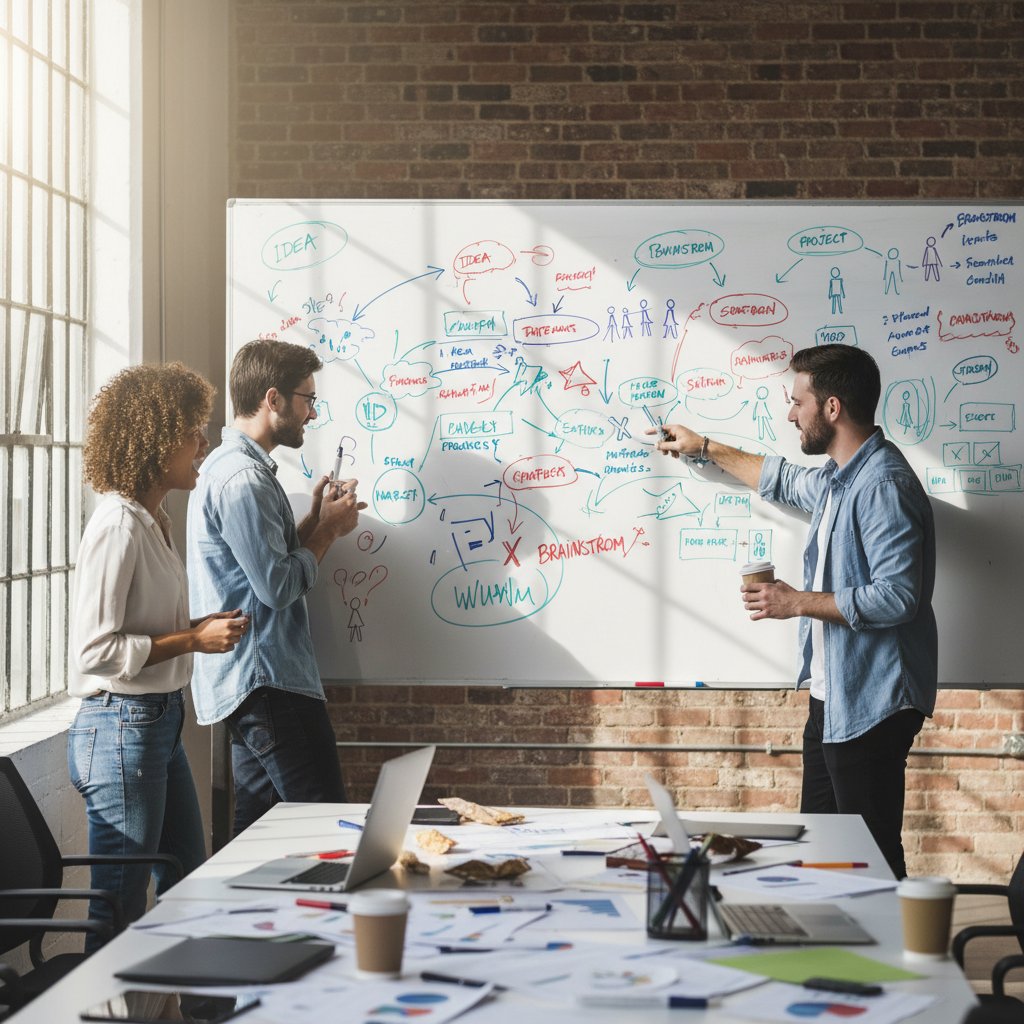 Zespół kreatywny burzy mózgi przy białej tablicy pełnej szkiców.