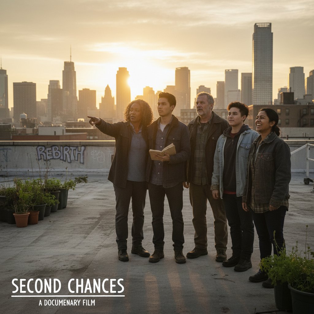 Diverse cast on urban rooftop at sunrise, hopeful mood, movie second chances movies