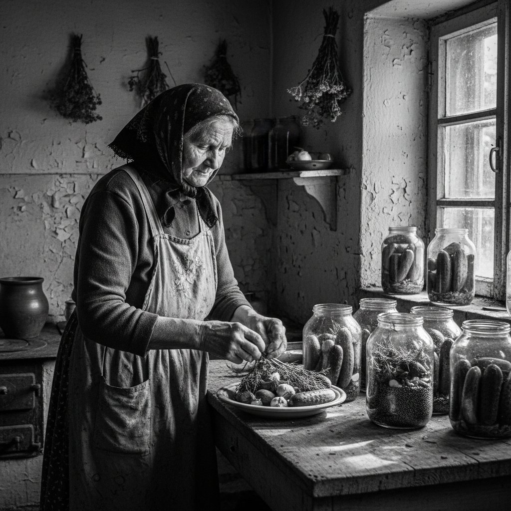 Polska tradycyjna fermentacja w kuchni, starsza kobieta przygotowuje ogórki kiszone