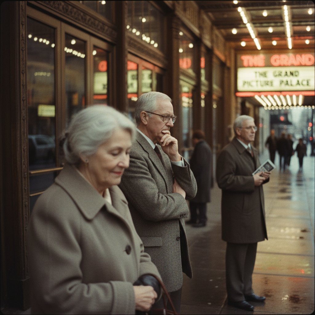 Older adults leaving a cinema after a film about retirement, highlighting retirement movie influences