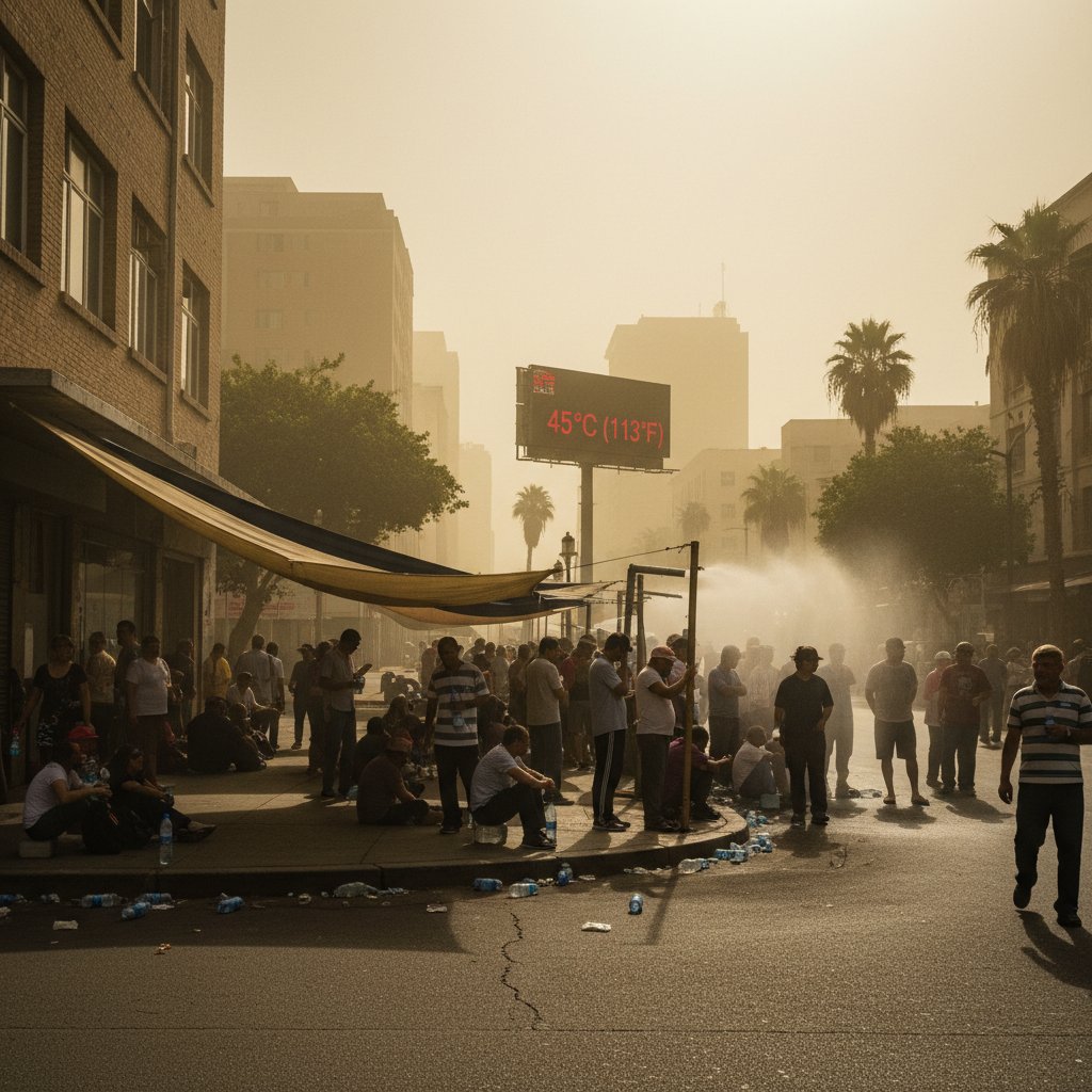 Miasto podczas fali upałów, ludzie szukający cienia i wody – zdjęcie dokumentalne, miejski kontekst, atmosfera gorąca