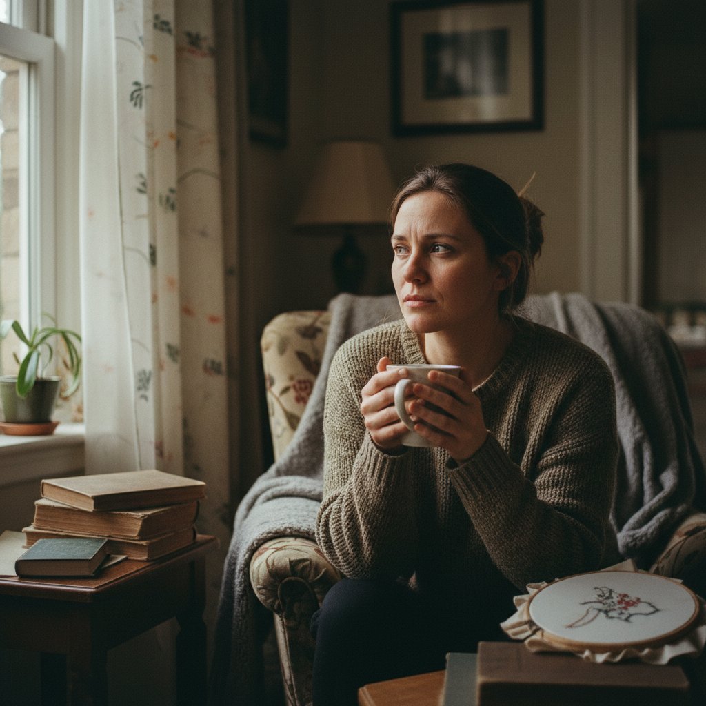 Dokumentalne zdjęcie kobiety z kubkiem herbaty w domowym zaciszu, zamyślona twarz – intymność i autentyczność bólu gardła w życiu codziennym