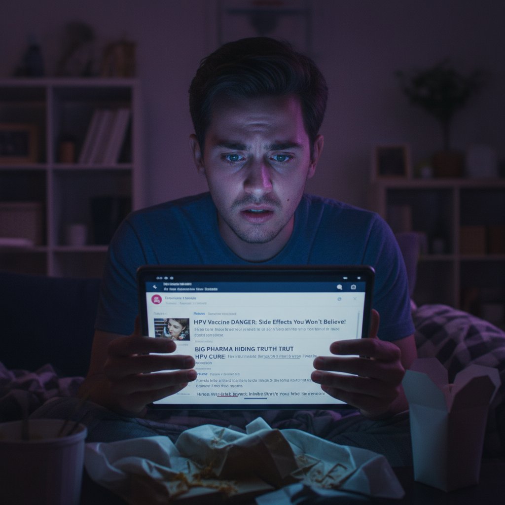 Dezinformacja o HPV w internecie – młoda osoba czyta fałszywe wiadomości