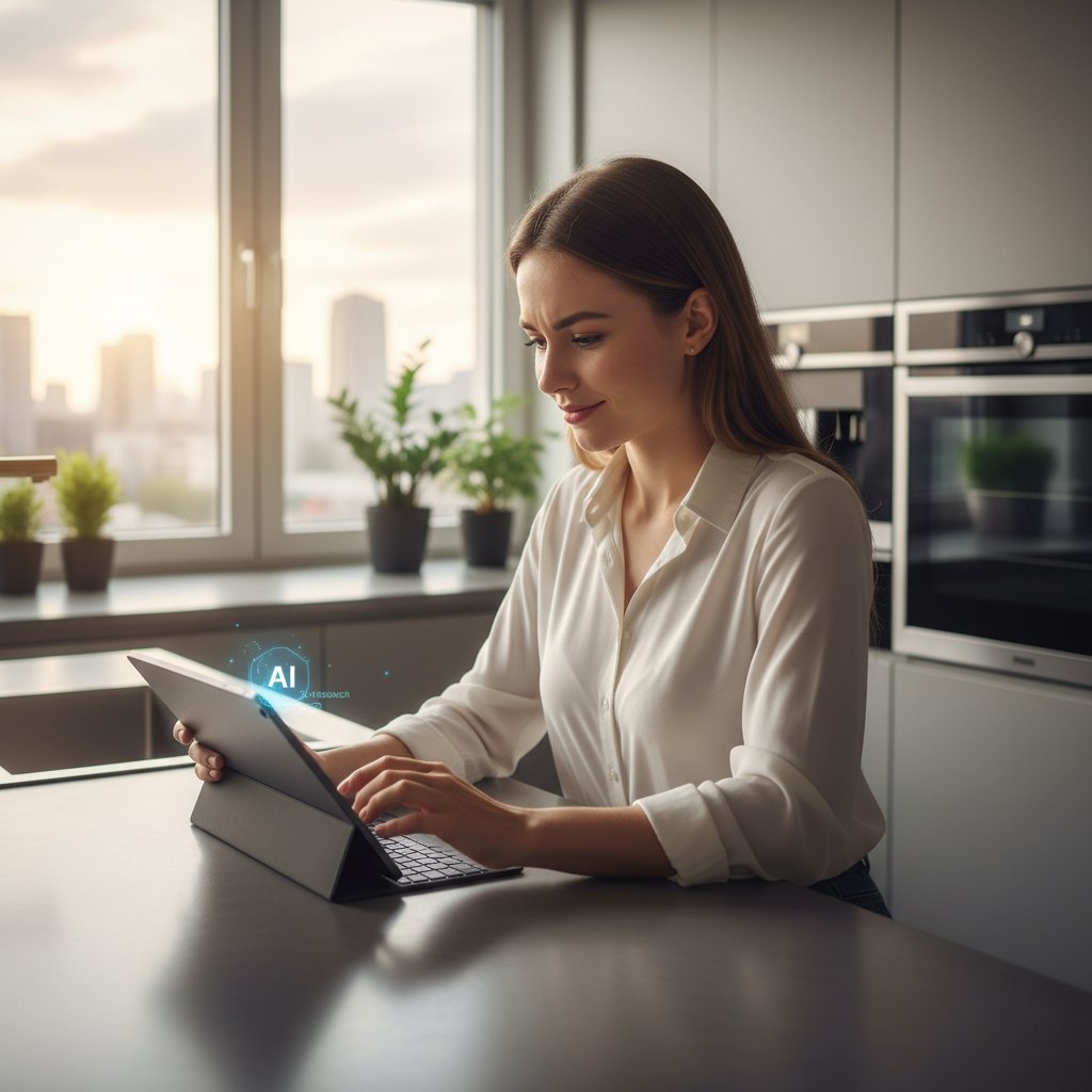 Użytkowniczka przygotowująca pytanie do AI w kuchni, nowoczesna technologia