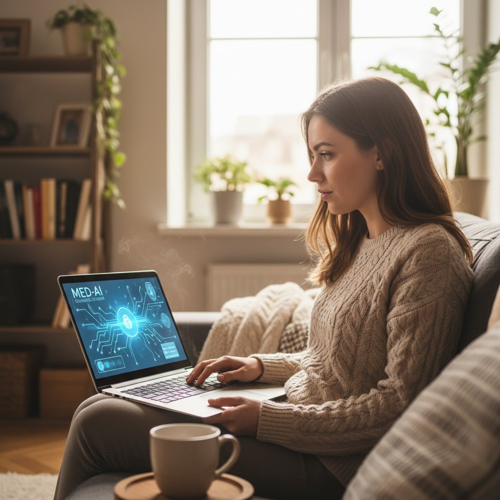 Konsultacja online z asystentem zdrowotnym w czasie ospy, młoda kobieta przy laptopie, domowy klimat