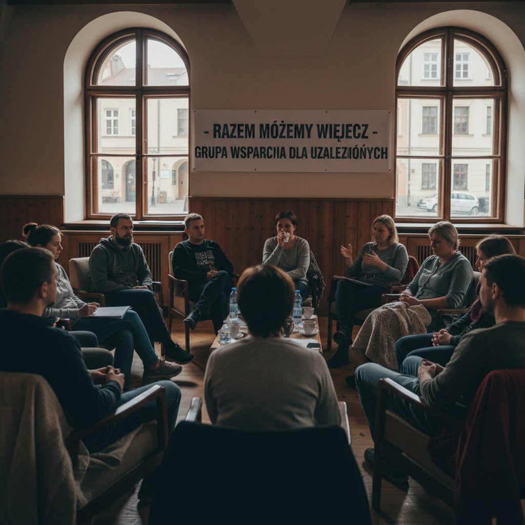 Fragment filmu dokumentalnego, terapia grupowa osób uzależnionych, polskie realia