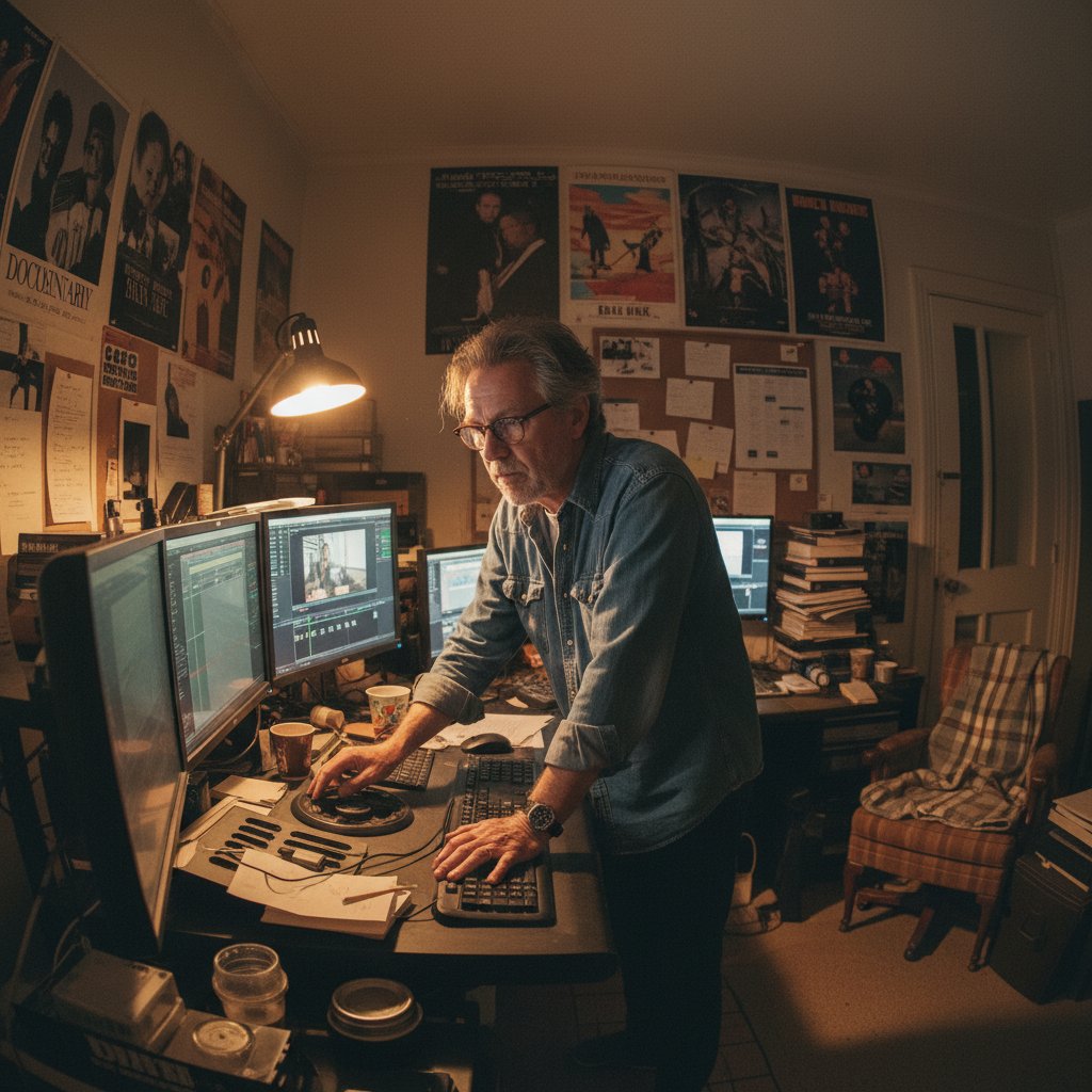 A director reviewing footage in a dark editing room, dramatic lighting, documentary storytelling