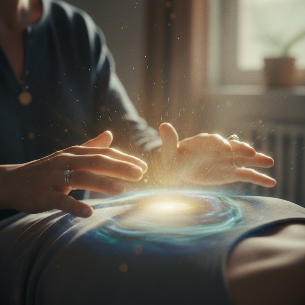 Scena z filmu dokumentalnego o uzdrawianiu energetycznym, kamera skupiona na dłoniach terapeuty