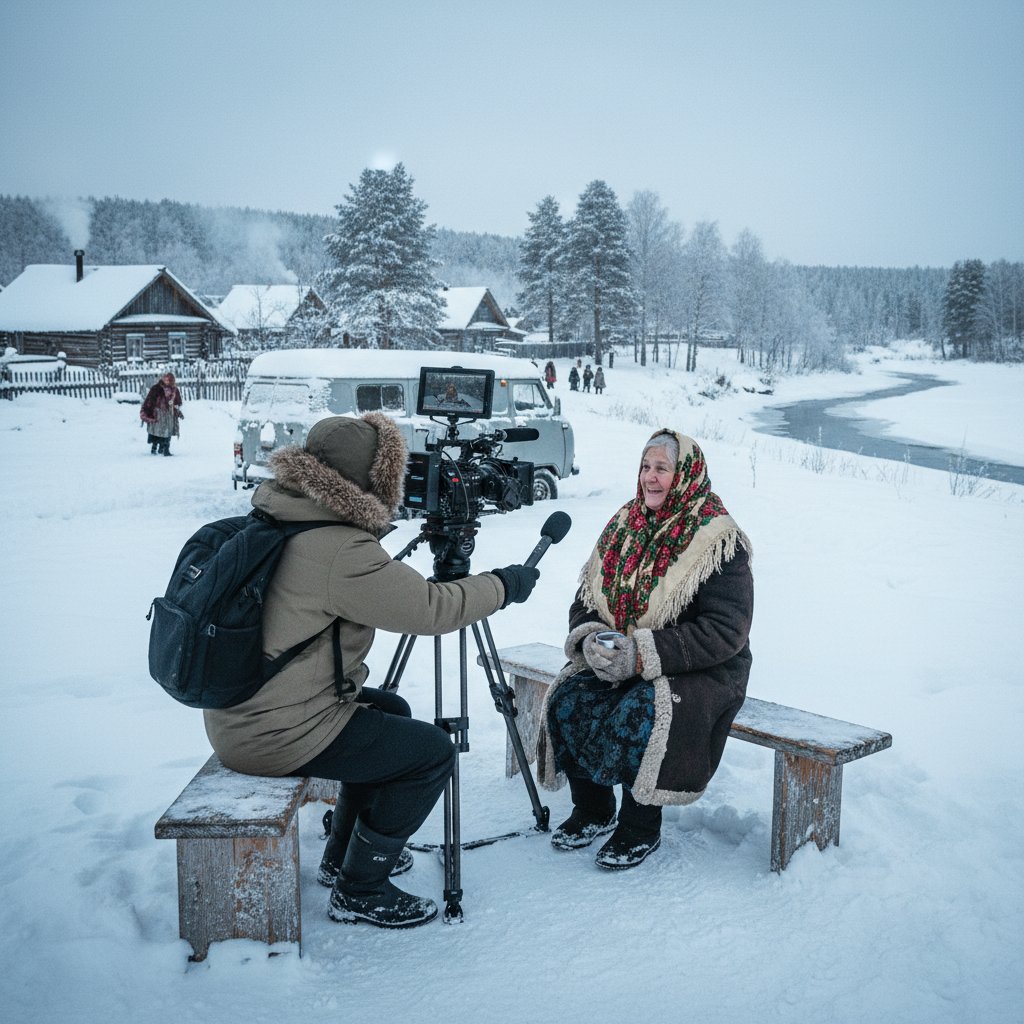 Documentary filmmaker interviewing locals in harsh Russian winter, illustrating authenticity of Russian movies