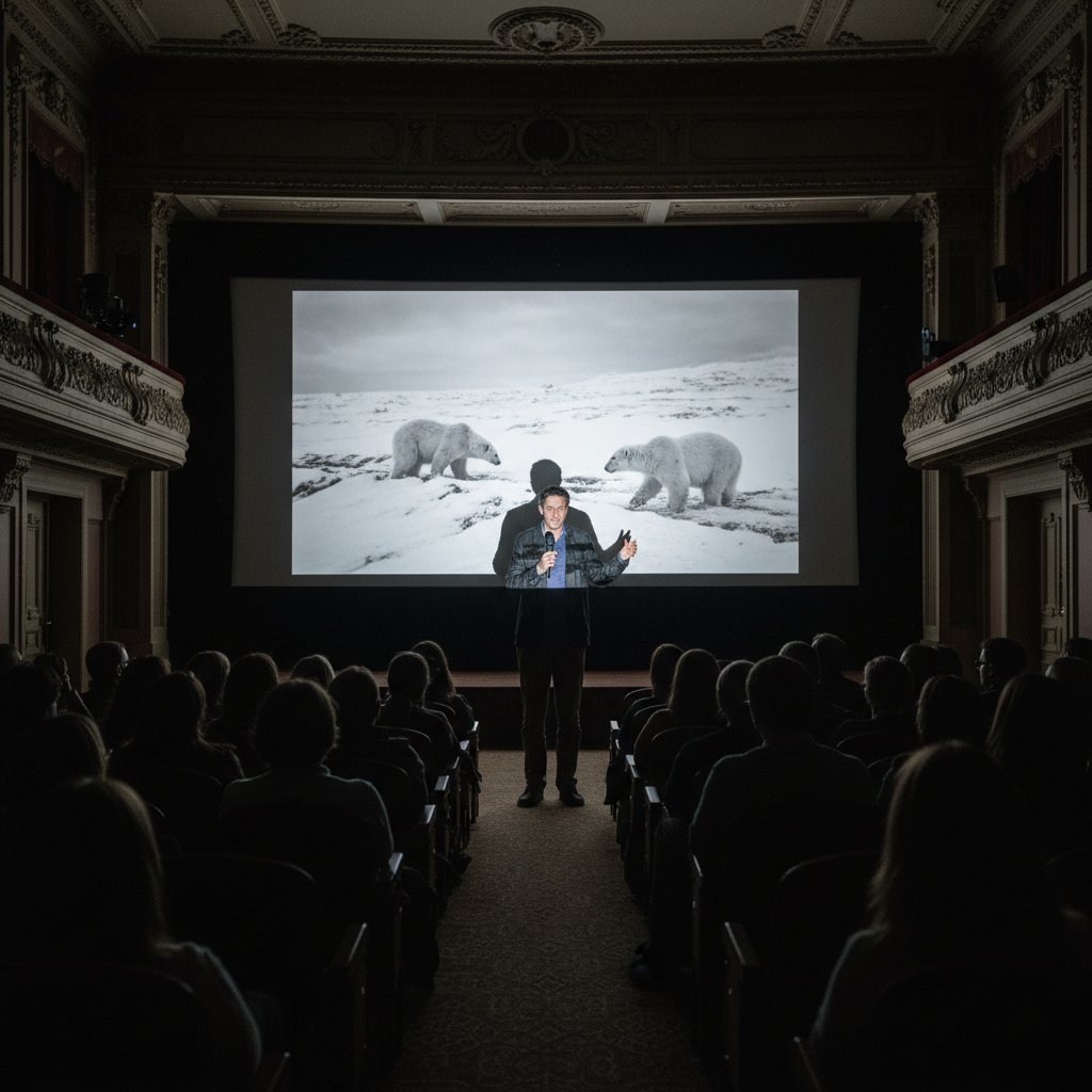 A filmmaker silhouetted against a massive projected screen with documentary scenes flickering