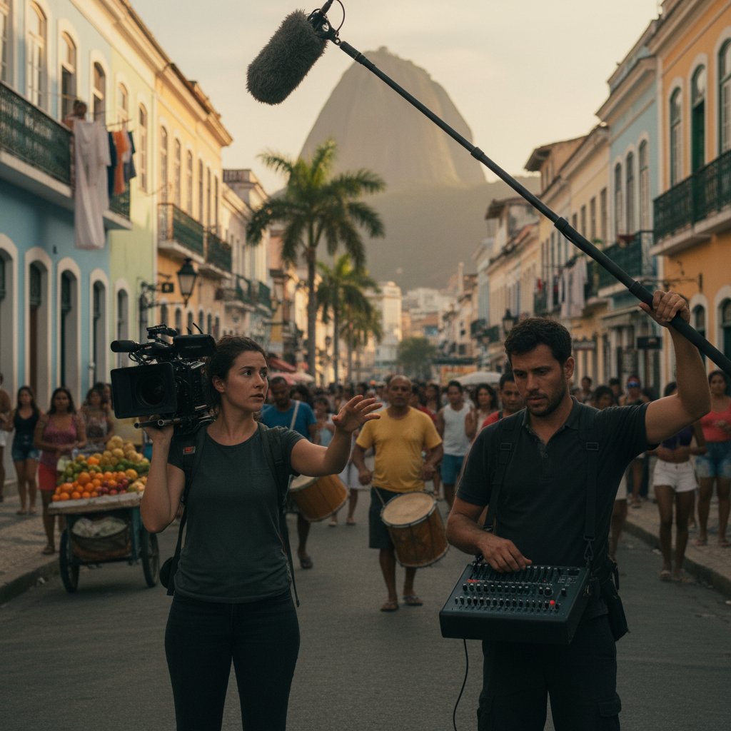 A bustling Rio de Janeiro street scene with documentary filmmakers, vibrant and kinetic